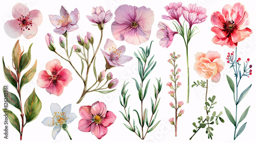 Hand drawn botanical art set with watercolor flowers and leaves, showcasing a collection of nature-inspired elements, isolated on white background