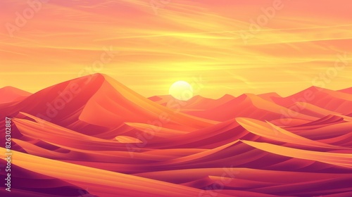 The desert landscape sand dunes with a Morning Sunrise in orange  yellow and pink  twilight sunset in evening with a modern cartoon of a hot dry desert landscape sand dunes  nature background with