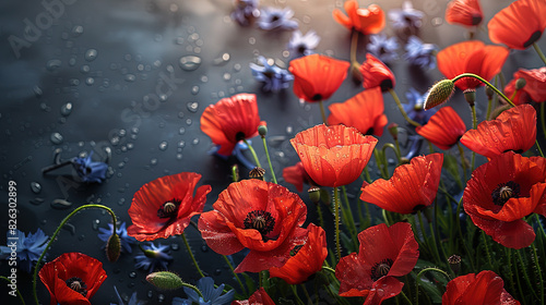 Close-up of red poppy flowers in morning dew on granite stone. Template for a Memorial Day card © kiberstalker