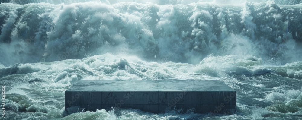 Vivid and detailed mockup of podium set against a powerful waterfall background Vivid and detailed mockup of podium set against a powerful waterfall background
