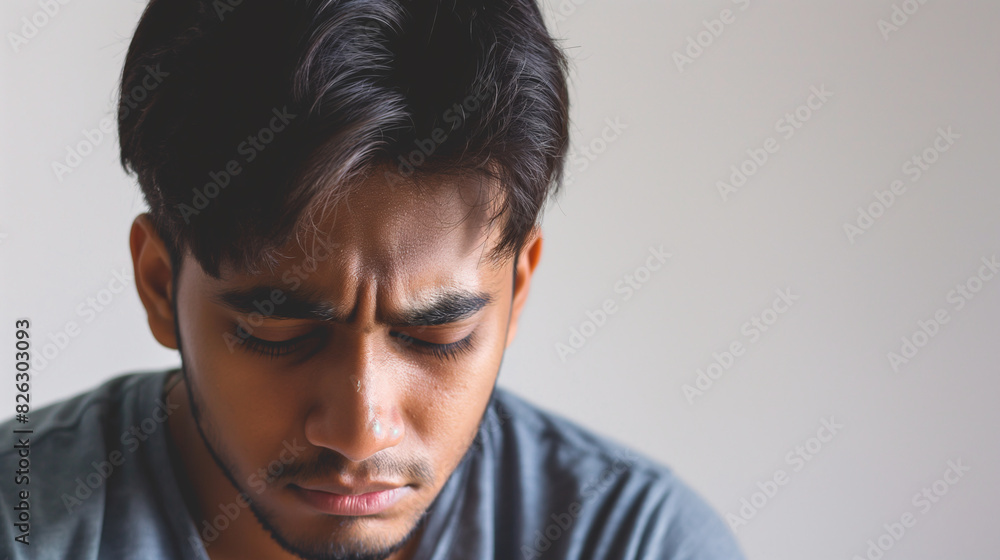 South Asian Man with Sad Expression Looking Down, Indoor Portrait South Asian Man with Sad Expression Looking Down, Indoor Portrait