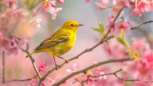 Cheerful yellow warbler flitting among spring blossoms, its bright colors a sign of the season's renewal.