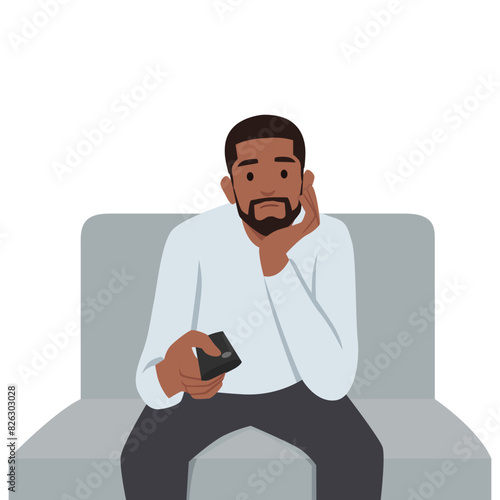 Bored man holding TV remote due to lack of satellite TV channels. Flat vector illustration isolated on white background