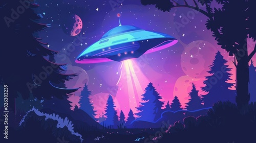 Modern flat design of alien flying UFO kidnapping human in dark night time photo