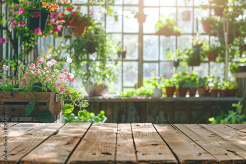 A wooden potting bench in the foreground with a blurred background of a botanical greenhouse. The background includes various potted plants  hanging flowers  gardening tools  and large glass windows