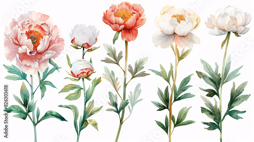 Fototapeta Naklejka Na Ścianę i Meble -  Hand drawn set of watercolor peony flowers and botanical decorations, isolated on white background