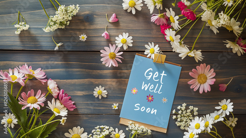 Top view of a vibrant get-well-soon card surrounded by a variety of colorful fresh flowers on a wooden background photo