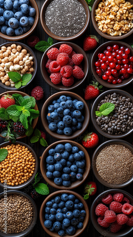 healthy superfoods, in a wood table