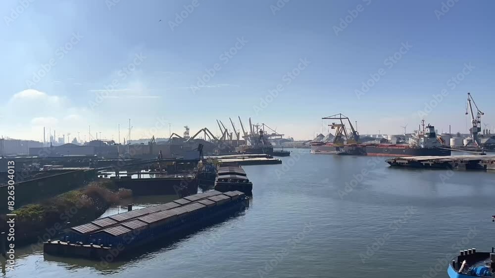 Timelapse of the port of Rotterdam in full operation on a sunny day with blue sky Timelapse of the port of Rotterdam in full operation on a sunny day with blue sky