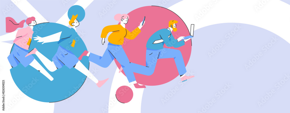 Fototapeta premium People exercising healthy running vector internet operation illustration 