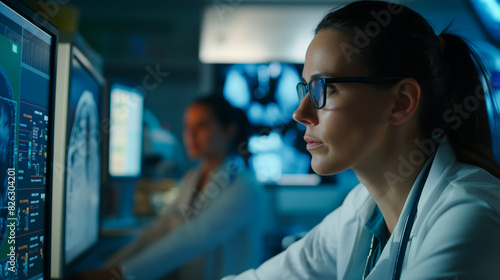 Female scientist in white lab coat at computer