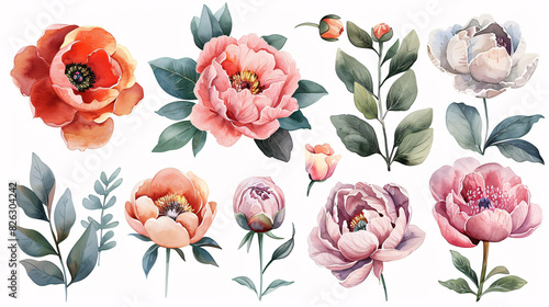 Fototapeta Naklejka Na Ścianę i Meble -  Hand drawn set of watercolor peony flowers and botanical decorations, isolated on white background
