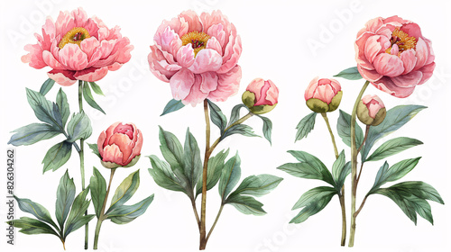 Hand drawn set of watercolor peony flowers and botanical decorations, isolated on white background