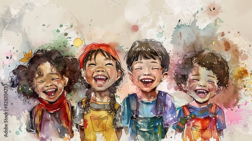 Painting of Three Children Laughing Together photo