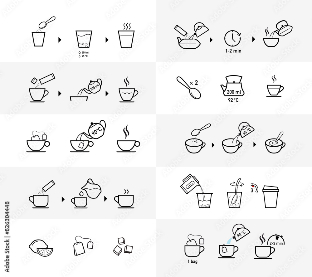 Set of methods of brewing tea, coffee and drinks. Preparation instructions. Vector elements for infographics. Set of sign for detailed guideline. Ready for your design. EPS10. Set of methods of brewing tea, coffee and drinks. Preparation instructions. Vector elements for infographics. Set of sign for detailed guideline. Ready for your design. EPS10.