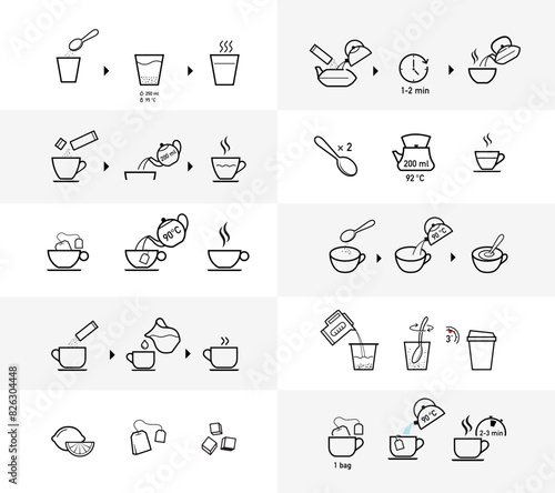Set of methods of brewing tea, coffee and drinks. Preparation instructions. Vector elements for infographics. Set of sign for detailed guideline. Ready for your design. EPS10.