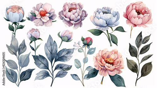 Hand drawn set of watercolor peony flowers and botanical decorations, isolated on white background