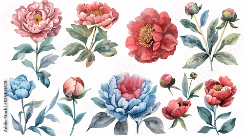 Hand drawn set of watercolor peony flowers and botanical decorations, isolated on white background