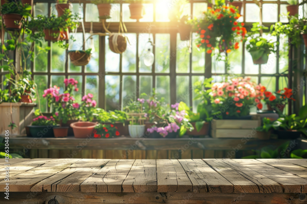 A wooden potting bench in the foreground with a blurred background of a botanical greenhouse. The background includes various potted plants, hanging flowers, gardening tools, and large glass windows
