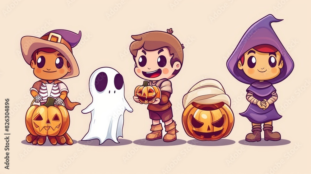 Halloween cartoon kids trick-or-treating. Modern illustration with simple gradients.
