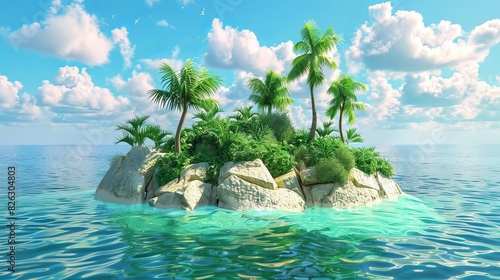 3D rendering of a tropical island in the summer with text.