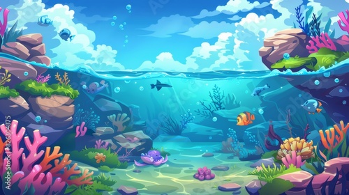 Animated sea and ocean. Seabed for the game. Horizontal seamless coral reef. Maritime background. Underwater world.