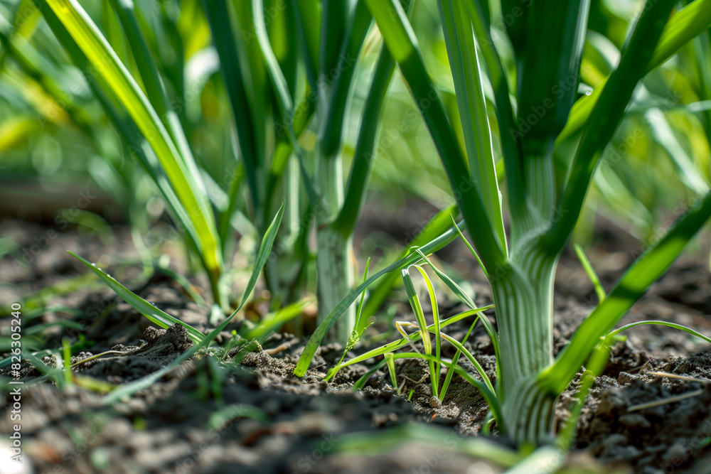 Garlic seedlings growing in dirt Garlic seedlings growing in dirt
