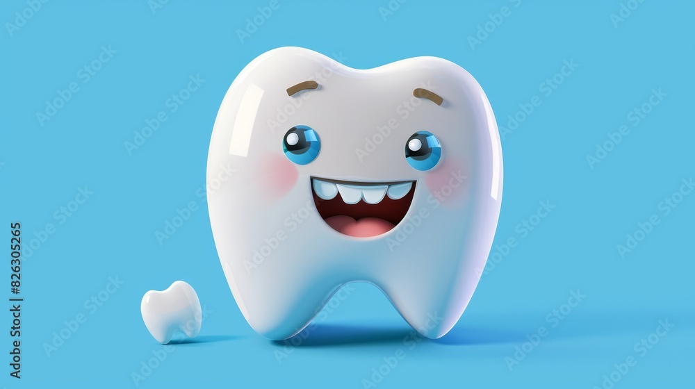 An expressionless cartoon tooth on a flat blue background An expressionless cartoon tooth on a flat blue background