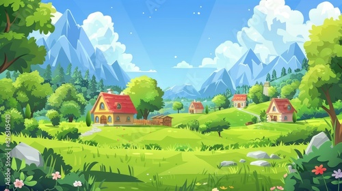 Green meadows, trees, and mountains for a cartoon village background. Created with AI