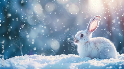 Wild animal in winter with bokeh and copy space on a winter forest background. Christmas card with white hare.