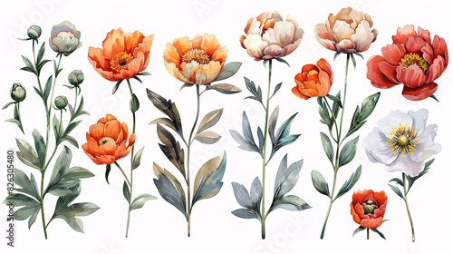 Hand drawn set of watercolor peony flowers and botanical decorations, isolated on white background