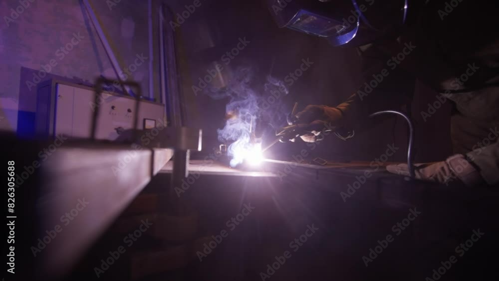 A male welder uses a welding machine on an iron surface, smoke, sparks and flashing lights all around. Male worker is welding steel material. Dark atmosphere with blue light. A male welder uses a welding machine on an iron surface, smoke, sparks and flashing lights all around. Male worker is welding steel material. Dark atmosphere with blue light.