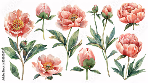 Fototapeta Naklejka Na Ścianę i Meble -  Hand drawn set of watercolor peony flowers and botanical decorations, isolated on white background