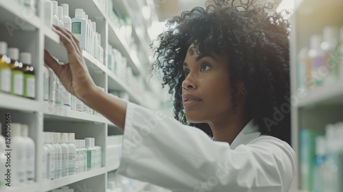 Black woman enters pharmacy, medicine, and pill store for healthcare, pharmaceuticals, and therapy. Shelf, medical, and shopping with pharmacist for label, product, and check