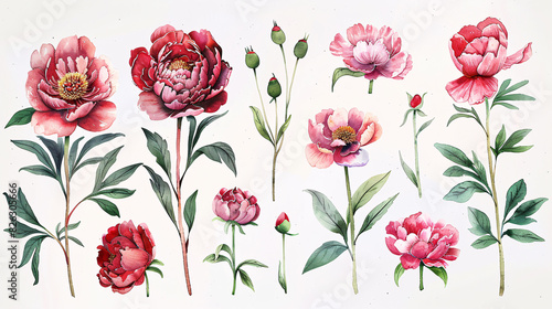 Fototapeta Naklejka Na Ścianę i Meble -  Hand drawn set of watercolor peony flowers and botanical decorations, isolated on white background