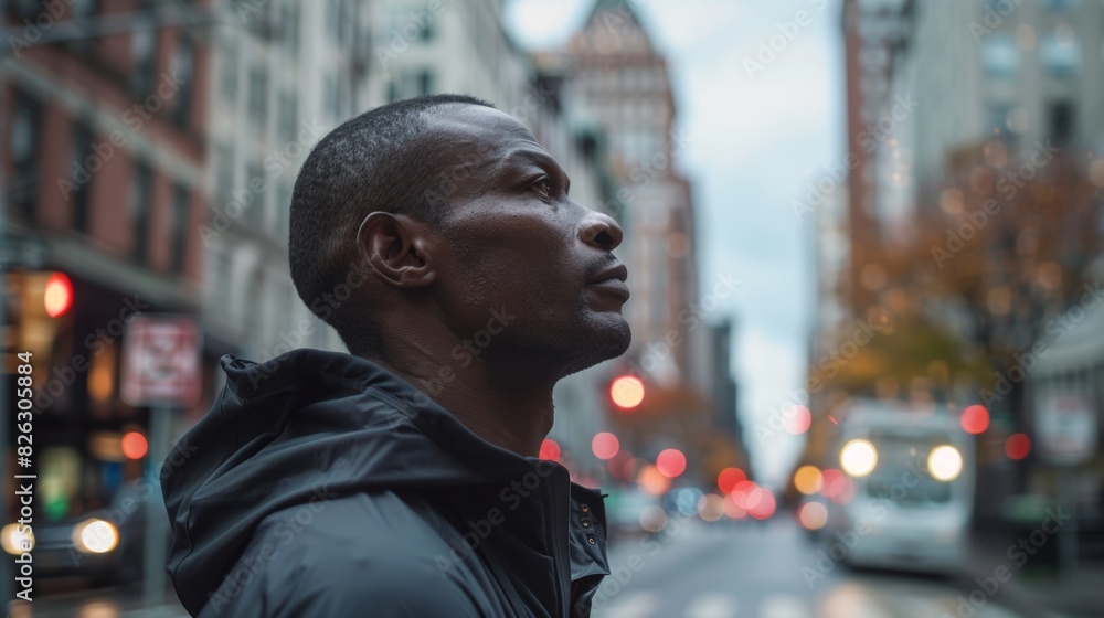 Fototapeta premium A black man in the city trains for a marathon, race, or sport. In town, runner and man African athlete performing cardio for endurance, speed, and health.