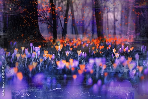 Artistic rendition of a twilight forest scene sprinkled with colorful crocus flowers