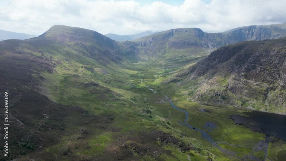 Drone shot of Cwm Eigiau in the Carneddau Mountains in Snowdonia National Park, Wales, UK Drone shot of Cwm Eigiau in the Carneddau Mountains in Snowdonia National Park, Wales, UK
