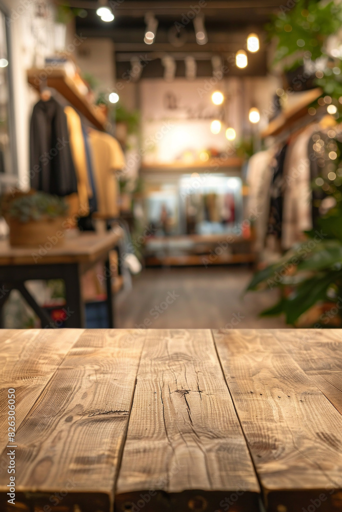 A wooden display table in the foreground with a blurred background of a fashion boutique. The background features stylish clothing racks, mannequins dressed in the latest fashions. A wooden display table in the foreground with a blurred background of a fashion boutique. The background features stylish clothing racks, mannequins dressed in the latest fashions.