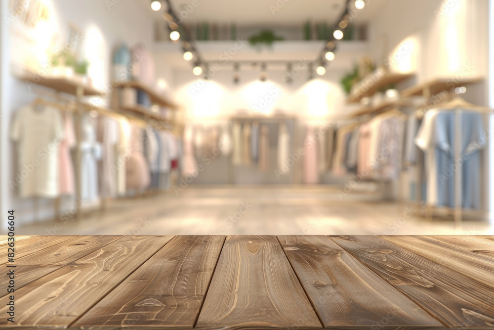 A wooden display table in the foreground with a blurred background of a fashion boutique. The background features stylish clothing racks, mannequins dressed in the latest fashions.
