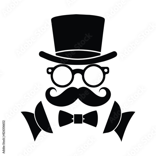 Man Hat Glasses Mustaches Tie Bow Black Vector Logo Gentleman Logo Hat And Bow Logo