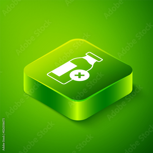 Isometric Lactose intolerance icon isolated on green background. Not allow milk. Allergy concept, lactose intolerance allergy warning sign. Green square button. Vector