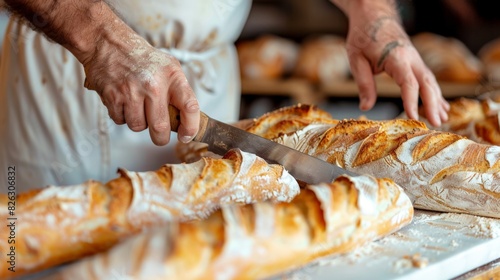A baker slicing a freshly baked baguette on a white cutting board