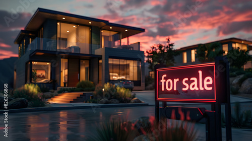 Modernes Luxus-Haus: Zu verkaufendes Schild, Immobilien-Hypothekendarlehen zum Sonnenuntergang
 photo