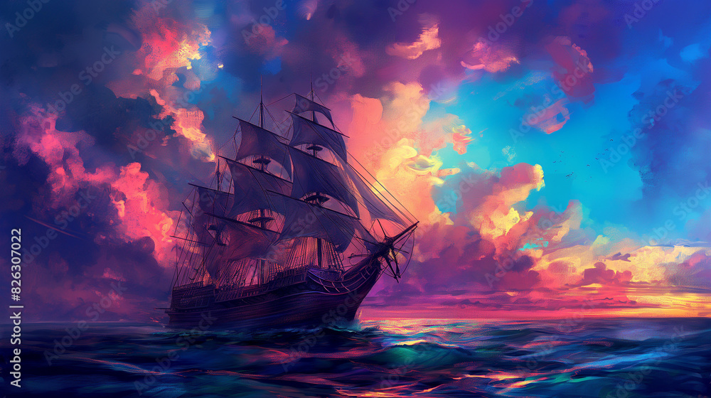 A large sail pirate ship sailing on the ocean, with a colorful illustration style and fantasy art style