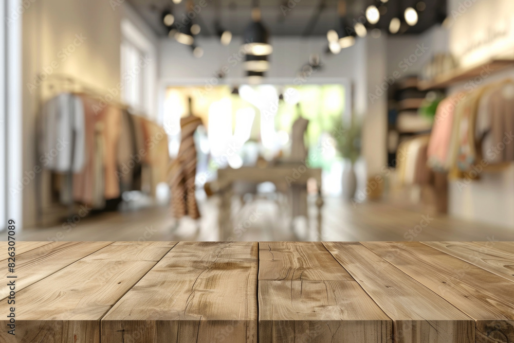 A wooden display table in the foreground with a blurred background of a fashion boutique. The background features stylish clothing racks, mannequins dressed in the latest fashions. A wooden display table in the foreground with a blurred background of a fashion boutique. The background features stylish clothing racks, mannequins dressed in the latest fashions.