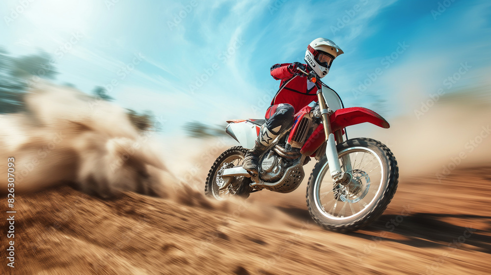 A red and white dirt bike with black wheels, the rider is wearing a helmet and gear while riding through sand on an outdoor track