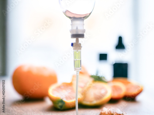 IV drip vitamin treatments infusion drop intravenous medical use booster’s beauty supplement therapy concept. photo