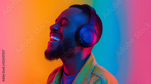 Happy man in headphones licening a sound and smiling © Danimotions