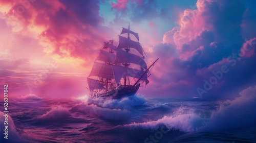 A large sailing ship with billowing sails is in the ocean, surrounded by swirling waves and colorful clouds on sunrise photo